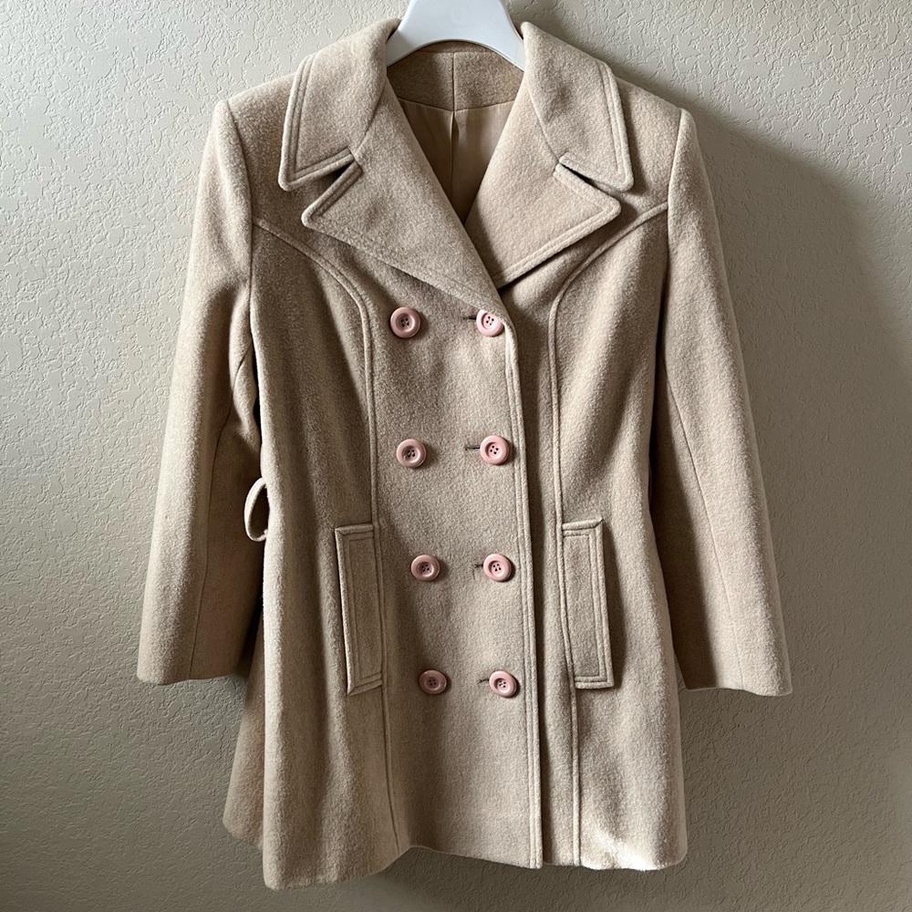 Women’s Beige Wool Blend Double Breasted Peacoat Belted Trench Coat Medium - Picture 10 of 15